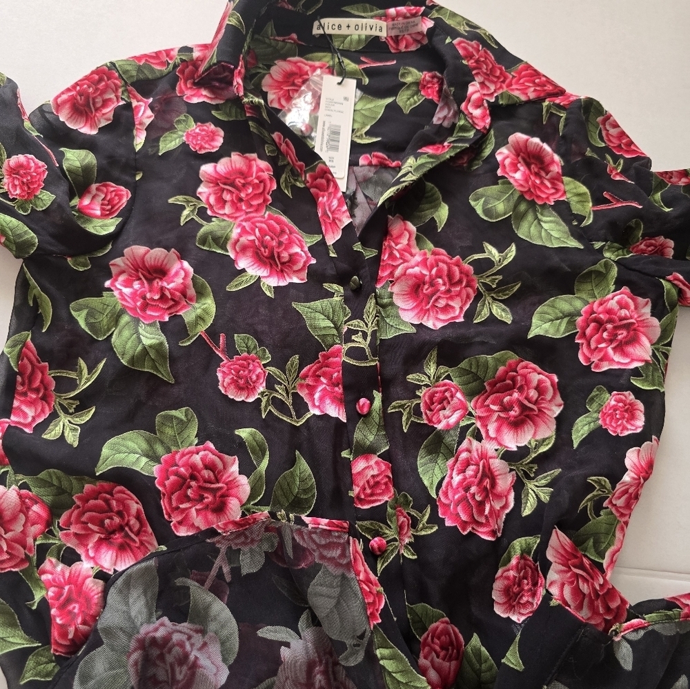 Alice and Olivia Eloise Floral Button Down Sheer Blouse Size XS - Picture 4 of 12
